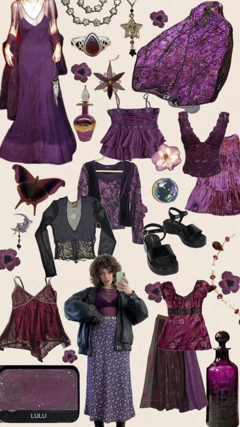 90s Whimsigoth Outfits Fall, Whimsigoth Outfits Purple, Whimsigoth Fashion Winter, Purple Witch Aesthetic Outfit, Y2k Whimsigoth Outfits, Outfit Themes List, Purple Hippie Outfit, Purple Whimsigothic Outfit, Wimsey Goth Style