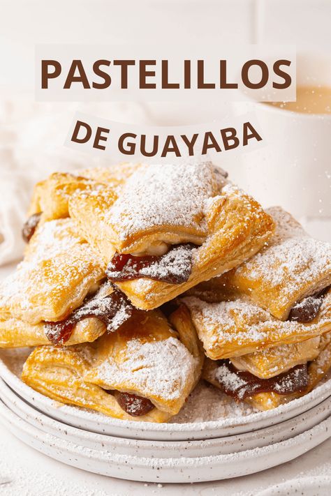 Pastelillos (also known as pastelittos) de guayaba are Puerto Rican pastries made with guava paste, cream cheese, and puff pastry. They are super easy to make and only take about 30 minutes! Pastelillos Puerto Rican Guava, Guava Pastelitos Puerto Rican, Pastellios De Guava, Puerto Rican Deserts, Guava Cream Cheese Pastry, Puerto Rican Pastries, Guava And Cream Cheese Pastry, Pastelillos Puerto Rican, Guava Paste Recipes