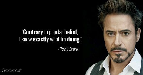 21 Tony Stark Quotes That Are Both Inspirational and Funny - Goalcast Robert Downey Jr Quotes, Iron Man Quotes, Tony Stark Quotes, Stark Quote, Irondad Spiderson, Superhero Quotes, Senior Quotes Funny, Avengers Quotes, Toni Stark