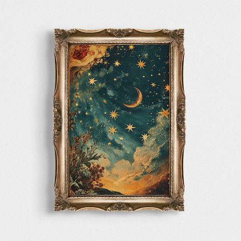 Starry Room Decor, Celestial Living Room Decor, Wall Art Inspo Living Rooms, Timeless Wall Art, Celestial Folk Art, Space Themed Living Room, Astrology Art Vintage, Star Bedroom Aesthetic, Astrology Nursery