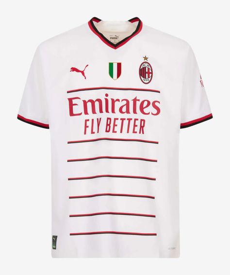 The Puma AC Milan 2022-2023 away football shirt combines a white base with 'tango red' accents and trim, bringing back what is by far the most iconic AC Milan alternative colorway. Milan Football, Puma Logo, Football Kits, Soccer Jerseys, Horizontal Stripes, Ac Milan, Red Accents, Kits For Kids, Football Soccer