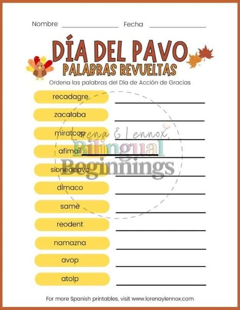 Thanksgiving Picture Books, Thanksgiving Word Scramble, Spanish Thanksgiving, Spanish Printables, Summer Vocabulary, Thanksgiving Words, Summer Words, Thanksgiving Activities For Kids, Worksheet For Kids