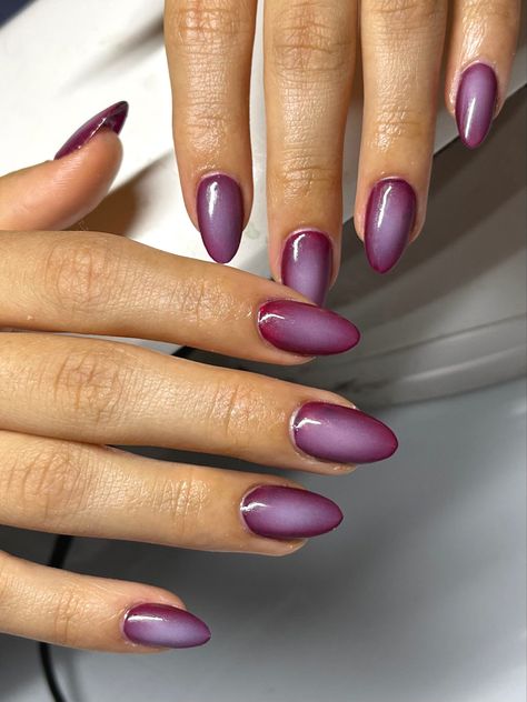 dark aura nails, fall nails, airbrush nails, almond nails, short nails, medium nails, aura, nail inspo, nail inspiration Plum Color Nails Designs, Dark Purple Aura Nails, Aura Nails Fall Colors, Aura Nails Fall, Fall 24 Nails, Plum Chrome Nails, Plum Nail Designs, Purple Red Nails, Purple And Red Nails