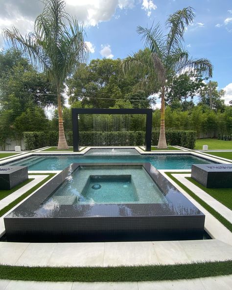 Isn’t she lovelyyyyy 🎶 🤩 isn’t she beau ti full 🎶 Take the tour ⭐️📸 @homesbythesun . . . #floridahomes #hometours #modern #realestate #orlando #pool #poolparty #patio #design #winterpark #orlandoliving Vertical Pool Layout, Midwest Pool Ideas, Pool Privacy Wall, Black Bottom Pools Modern, Black Pool Aesthetic, Modern Pool Tile Ideas, Dark Pool Aesthetic, Dark Bottom Pool, Modern Pool Ideas