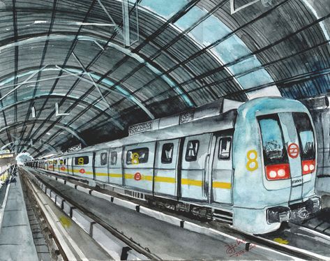 My Water colour Drawing Metro Station New Delhi - Indraprastha Delhi Metro Illustration, Metro Station Illustration, Metro Station Drawing, Metro Drawing, Drawing Station, Station Drawing, Train Drawings, Train Illustration, Train Drawing