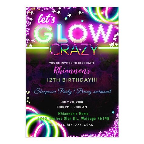 Neon Party Invitations, Neon Glow Party, Glow Stick Party, Glow In Dark Party, Glow Birthday Party, Neon Birthday, Blacklight Party, Glow Birthday, 10th Birthday Parties