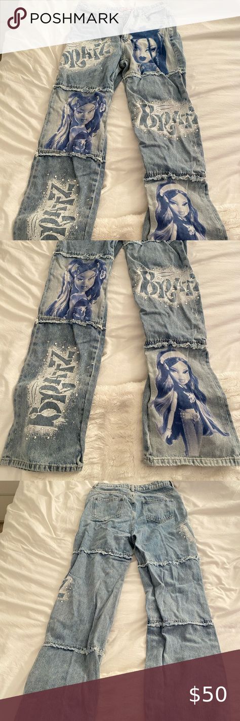 DollsKill x Bratz Denim Jeans Bratz Pants, Bratz Jeans, Bratz Birthday, Childhood Bedroom, Painted Jeans, School Clothes, Dolls Kill, School Outfits, Rock Revival Jean