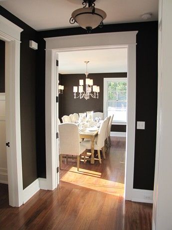 Black Painted Walls, Dark Hallway, White Molding, Dark Walls, Paint Effects, The Dining Room, Design Concepts, Ocean City, Accent Walls