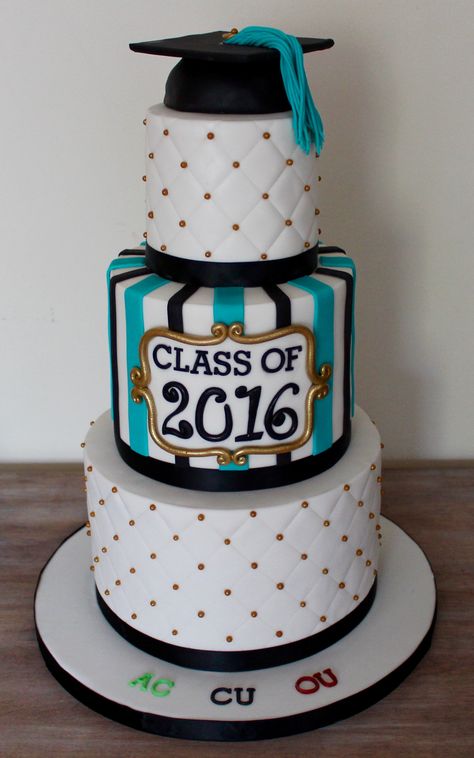 Three tier graduation cake with hat diamond pattern and stripes Three Tier Graduation Cake, Tiered Graduation Cakes, 3 Tier Graduation Cake, Graduation Diy Decorations, Graduation Cake Ideas, High School Graduation Cakes, Graduation Cake Designs, Graduation Party Cake, Grad Cake