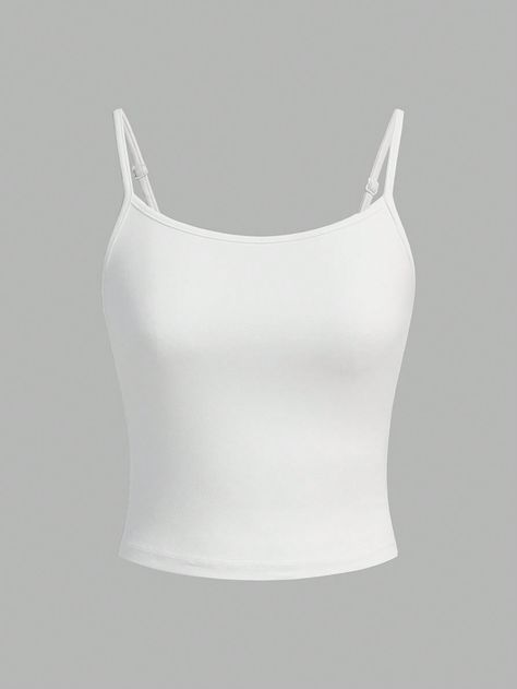 White Casual Collar  Knitted Fabric Plain Cami Embellished Slight Stretch  Women Clothing White Tanks, Simple White Top, Tank Tops White, White Tank Tops, White Tank Top Spaghetti Straps, White Basic Top, White Spaghetti Strap Summer Tank Top, Basic White Tank Top, Cute White Spaghetti Strap Tank Top