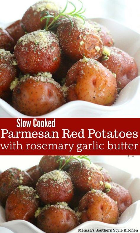 Slow Cooked Parmesan Red Potatoes With Rosemary Garlic Butter Red Potatoes In Crockpot, Parmesan Red Potatoes, Rosemary Garlic Butter, Punk Kitchen, Red Potato Recipes, Crock Pot Potatoes, Crock Pots, Easy Potato Recipes, Rosemary Garlic