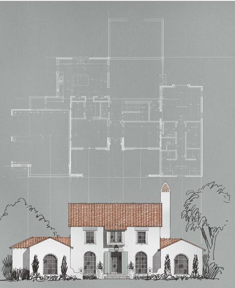 T. Scott Carlisle on Instagram: “A Mediterranean or California traditional concept for an existing plan. Trying it on for size. . . #architect #residentialarchitect…” Spanish Colonial Homes Floor Plans, Layout Villa, Spanish Villa Blueprint, Medditeranean Style Home Floor Plan, Vintage Spanish House Plans, Mediterranean Elevation, California Mediterranean, Spanish House Plans, Mediterranean Floor Plans