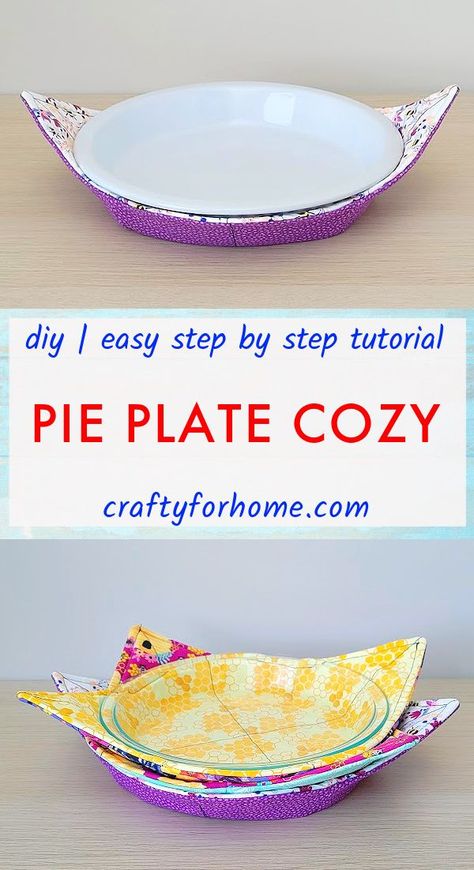 Yellow and purple flower printed fabric with glass and white pie plate. Diy Pie, Plate Cozy, Fat Quarter Sewing Projects, Diy Sewing Gifts, Diy Bowl, Sewing Machine Projects, Fabric Bowls, Sewing Tutorials Free, Small Sewing Projects