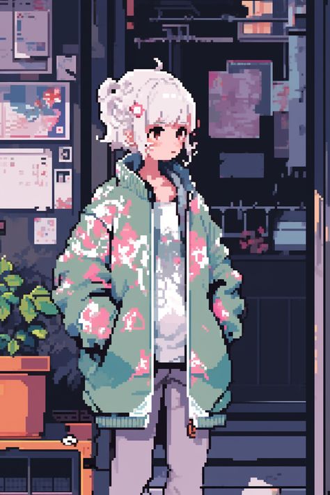 Pixel Lofi Wallpaper, 8bit Characters, Pixilated Art Anime, Pixel Art Styles, Lofi Pixel Art Wallpaper, Japanese Pixel Art Wallpaper, Pixelart Character, Pixel Art Pfp, Anime Pixel