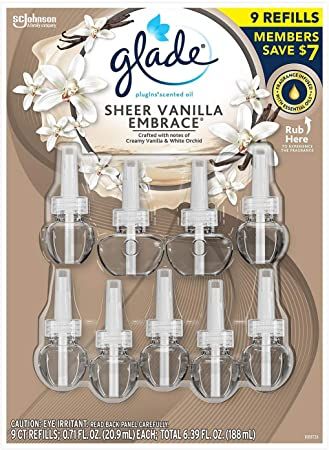 Glade PlugIns Scented Oil Warmers Sheer Vanilla Embrace Essential Oil Infused Wall Plug in, 6.39 Ounce, 9 Refills Air Freshener Refill, Mist Diffuser, Scented Oil, Clean Linen, Air Wick, Wood Plugs, Oil Warmer, Scent Diffuser, Essential Oil Scents