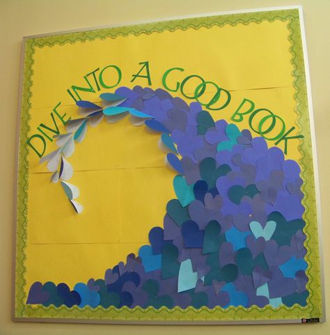 Library Bulletin Board Beach Decor Classroom Ocean Themes, Dive Into Reading Bulletin Board, August Library Bulletin Board Ideas, Water Theme Bulletin Board, End Of Year Library Bulletin Board Ideas, Library Ocean Theme, Surfing Bulletin Board Ideas, Summer Reading Bulletin Boards, August Library Displays