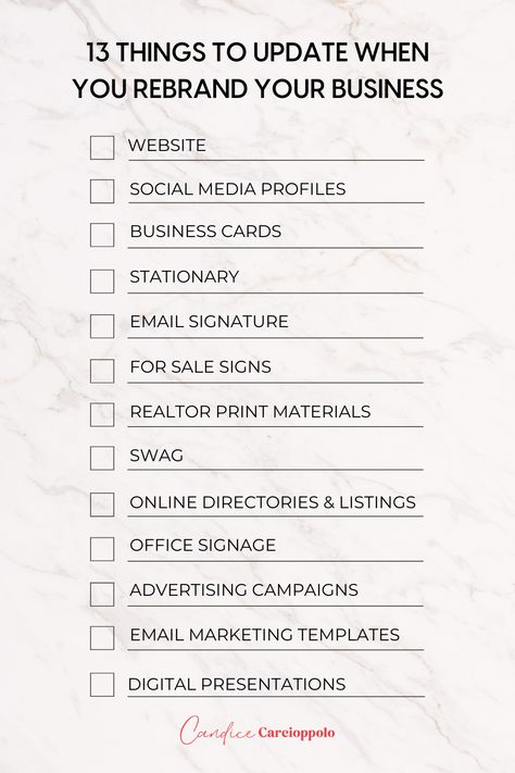 Embarking on a rebranding journey? From refining your brand identity to creating impactful rebranding announcements, this step-by-step guide covers all the essential elements. Whether you're rebranding yourself or your business, this ultimate checklist will help you navigate the process smoothly and confidently. Elevate your personal branding or take your business to new heights with this indispensable resource. Learn more about personal branding at candicecarcioppollo.com! Brand Design Checklist, Rebranding Business Ideas, Rebranding Announcement Instagram, Rebranding Announcement Social Media, Rebrand Checklist, Rebranding Announcement Design, Personal Branding Checklist, Rebranding Checklist, Rebranding Announcement