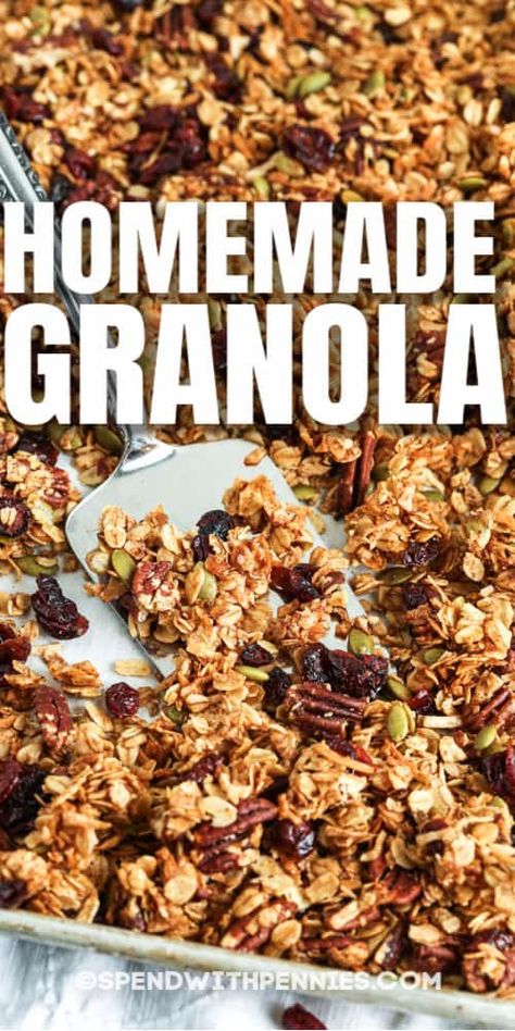 Homemade Granola is hearty, healthy, and super flavorful! Throw into some yogurt or make into granola bars for a quick on-the-go breakfast! #spendwithpennies #homemadegranola #granola #recipe #ovenbaked #breakfast #snack #healthy #easy #best Easy Granola Recipe, Homemade Granola Recipe, Easy Homemade Granola, Homemade Granola Healthy, Granola Recipe Healthy, Easy Granola, Best Granola, Granola Recipe Homemade, Snack Healthy