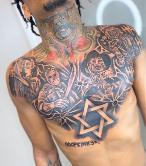 Male Chest Piece Tattoo, Creative Chest Tattoos For Men, Gangsta Chest Tattoos, Men Full Chest Tattoo, Full Neck Tattoo For Guys Hood, Hood Chest Tattoos, Stomach Tattoo Men Ideas, Neck Tattoo For Black Men, Small Stomach Tattoos For Guys