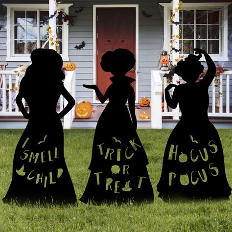 PRICES MAY VARY. Hcous Pocus Outdoor Decor: The three witch sisters are out of their spells and appear in your home. They are determined to make this year's Halloween full of magic and fear 27" Large Size: The set includes 3 Witches Yard Signs (6 pcs assembly), 3 Metal H-stakes and 6 stakes. Our Halloween yard decor is made of plastic, waterproof and weatherproof, sturdy and durable Versatile Décor: Look at the words on their dresses, the witches vow to have a great time on Halloween! Whether it Sanderson Sisters Decor, Hocus Pocus Halloween Decorations, Witches Silhouette, Hocus Pocus Decor, Hocus Pocus Halloween Decor, Hocus Pocus Decorations, Black Witches, Halloween Yard Signs, Halloween Yard Art