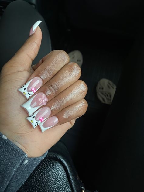 Mid Length Nails Acrylic, Hello Kitty Duck Nails, Nails Hello Kitty, Duck Nails, Hard Nails, Colored Acrylic Nails, Girly Acrylic Nails, French Tip Acrylic Nails, Short Square Acrylic Nails