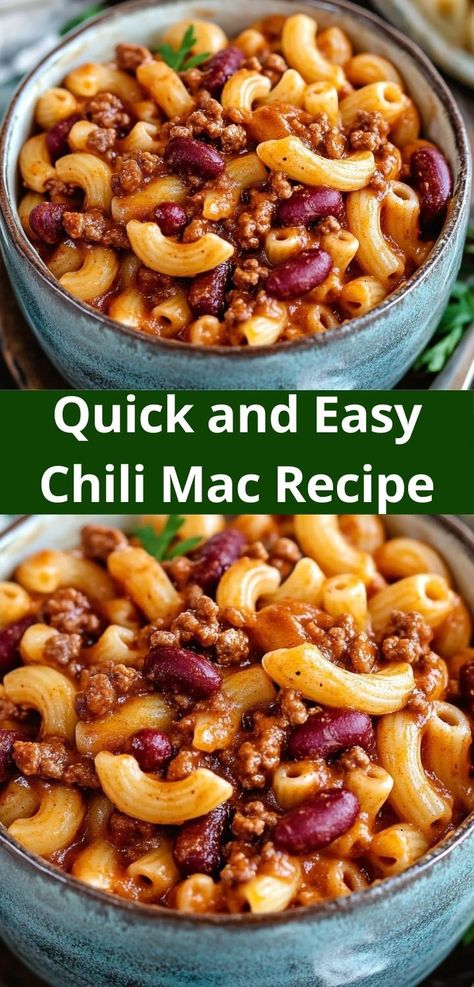 Looking for a comforting dinner idea? Try this Easy Chili Mac Recipe! A perfect combination of chili recipe and pasta, it's great for dinner recipes for family or dinner for two. Add it to your dinner ideas easy list! Chili Meals, Easy Chili Mac Recipe, Chili Mac Recipe Easy, Easy Chili Mac, Hearty Chili Recipe, Chili Mac Recipe, Chili Mac And Cheese, Hearty Chili, Chili Mac