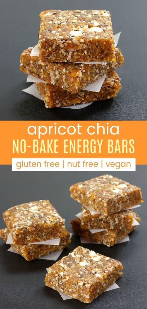 Homemade Apricot Chia Energy Bars - a quick, easy, healthy no-bake snack recipe with only six ingredients. Perfect to pack in a camp or school lunch box since they are gluten free, nut free, dairy free, and vegan. #energybars #snackrecipe #allergyfriendly Homemade Energy Bars, Ella Vegan, Energy Bars Homemade, Healthy Snack Recipe, Energy Bars Recipe, Healthy Snack Bars, Healthy Bars, No Bake Snacks, Kale Chips