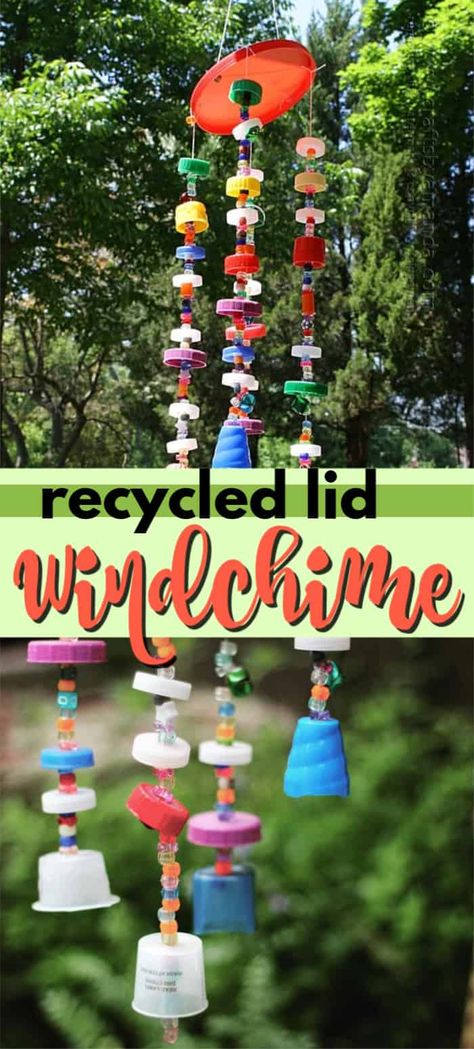 Making a wind chime out of recycled materials is fun. Use colorful plastic lids that can't go in the recycle bin! A great recycle project. #recycledcrafts #recycle #windchime #outdoordecor #outdoorcrafts #bottlecap #bottlecapcrafts #garden #gardencrafts Recycled Crafts Kids Projects, Earth Day Projects, Room Decor Crafts, Recycled Crafts Kids, Home Decor Diy Crafts, Recycled Art Projects, Earth Day Crafts, Diy Wind Chimes, Outdoor Crafts