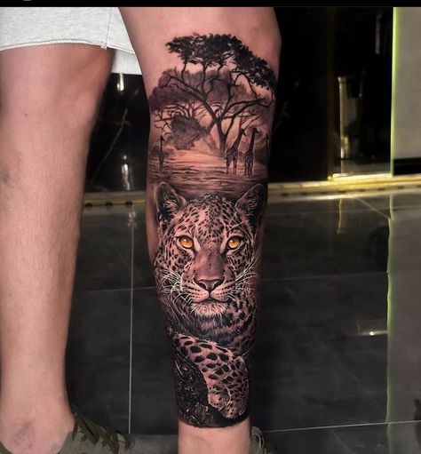 For Leg Tattoo, What Is Aesthetic, Jungle Tattoo, Africa Tattoos, Big Cat Tattoo, Jaguar Tattoo, Animal Sleeve Tattoo, Tattoo Coloring Book, African Tattoo