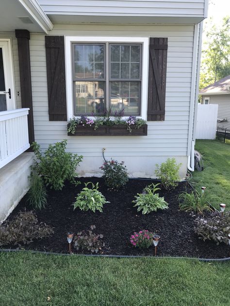 Exterior Window Planter Boxes, Black Window Planter Boxes, Window Boxes With Shutters, Shutters For Small Windows Exterior, Exterior Painted Brick House, Shutters And Window Boxes, Hippie Backyard, Outdoor Window Shutters, Window Planter Box