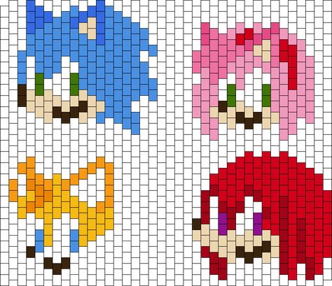 Sonic, Tails, Amy, And Knuckles Charms :) Pony Bead Patterns | Characters Kandi Patterns for Kandi Cuffs Amy And Knuckles, Kandi Aesthetic, Kandi Cuff Patterns, Sonic Tails, Advent Crafts, Pony Bead Projects, Kandi Inspo, Kandi Cuffs, Miyuki Beads Pattern