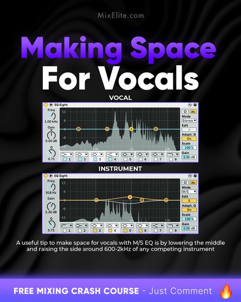 Free Mixing Crash Course 👉 MixElite.com/free-course  Yo, struggling to make your vocals stand out? Here’s a pro tip straight from the studio: it’s all about that M/S EQ magic.    #mixingmaster #vocalmixing #studiohacks #producertips #musicproduction #homeStudio #eqtips Producer Tips, Vocal Mixing, Vocal Tips, Music Hacks, Music Engineers, Audio Mastering, Music Mixing, Music Tutorials, Studio Music