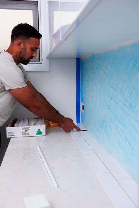 How to tile a laundry splashback | Better Homes and Gardens Laundry Splashback, Tiled Splashback, How To Tile, Kitchen Splashback Tiles, Three Legged Stool, Paint Trays, Grey Benches, Tile Splashback, Tile Spacers