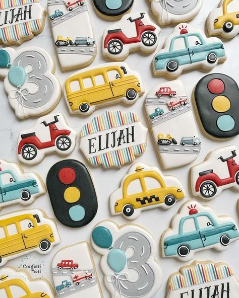 Kerstyn Lott on Instagram: "Beep beep vroom vroom 🚗🚕🚓🚙 Cute little cars from a cute little invite #decoratedsugarcookies #sugarcookies #cookiedecorating #cookieinspo #customcookies #royalicingcookies #instacookies #carcookies #transportationcookies #birthdaycookies #beepbeep #dallascookies #dallasmoms #friscocookies #friscomoms #mckinneycookies #mckinneymoms #confettiyeticookies" Transportation Birthday Cookies, Transportation Cookies Decorated, Car Cookies Decorated, Car Birthday Cookies, Transportation Birthday Theme, Cars Trucks Birthday Party, Transportation Cookies, Transportation Birthday Party, Cake Designs For Kids