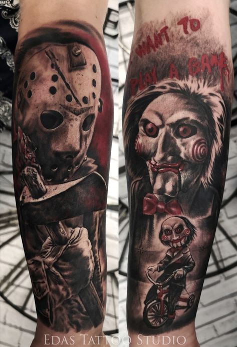 Horror Movies Tattoos Ideas, Jason Horror Tattoo, Billy The Puppet Tattoo, Jason Vorhees Tattoo, Horror Leg Sleeve, Jason Tattoo, Leg Sleeve Ideas, Horror Sleeve, Halloween Tattoos Sleeve