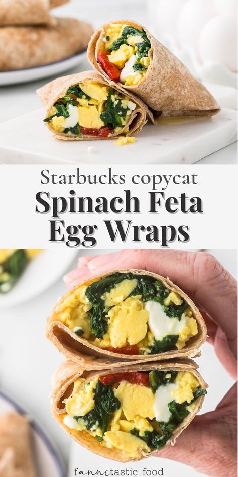 If you love the spinach feta wraps from Starbucks like I do, then you’ll love my copycat version (which uses the whole egg instead of just egg whites)! These easy breakfast wraps are stuffed with fluffy scrambled eggs, spinach, melty feta cheese, and optional roasted red peppers. They come together quickly and are freezer-friendly, so they're a perfect meal prep breakfast! Freezer Friendly Wraps, Breakfast Wrap Meal Prep, Savoury Breakfast Ideas Healthy, Easy Breakfast Wraps, Savory Breakfast Meal Prep, Meal Prep Spinach, Spinach Feta Wrap Starbucks, Freezer Wraps, Egg And Feta Wrap