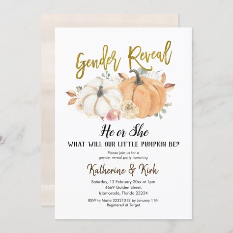 Pumpkin Fall Gender Reveal Party Invitation - baby gender reveal Fall Gender Reveal Party, Pumpkin Gender Reveal, Fall Pregnancy, Pumpkin Invitation, Gender Reveal Party Invitations, Pumpkin Party, Eucalyptus Greenery, Gender Reveal Invitations, Baby Gender Reveal