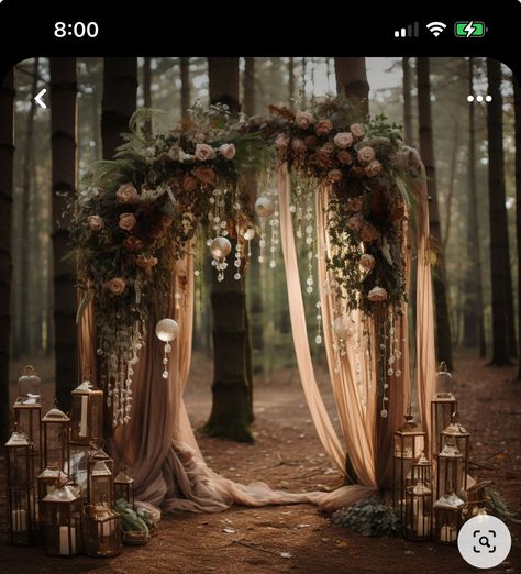 Wedding Decor Enchanted Forest, Forest Glam Wedding, Woodland Forest Wedding Dress, Forest Wedding Arbor, Enchanted Wedding Ceremony, Fairy Wedding Arch, Elf Wedding Decor, Woodland Wedding Dresses, Wedding Forest Decoration