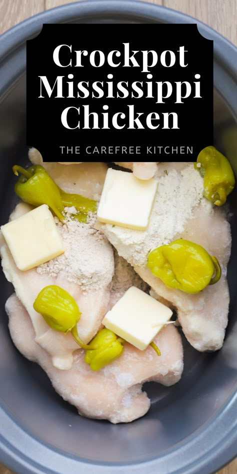 This easy crock pot Mississippi Chicken is tender, juicy and scrumptious. I'ts made by slow cooking chicken breasts with ranch seasoning, chicken gravy mix, zesty pepperoncini and butter, it's perfect for serving over mashed potatoes, noodles or on a bun. Your family dinners couldn't get any easier that with this easy chicken dinner recipe. Pepperocini Chicken Crockpot Crock Pot, Chicken Tender Dinner Ideas Crockpot, Crockpot Chicken Au Jus, Mission Chicken Crockpot, Chicken In A Crock Pot Recipes, Zesty Ranch Chicken Crockpot, Chicken Ranch Pepperocini Crockpot, Crop Pot Chicken Recipes, Grilled Mississippi Chicken