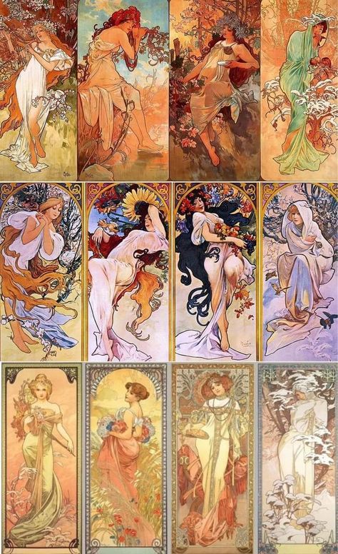 The world Art Nouveau | Decorative panels by Alphonse Mucha | Facebook Four Seasons Art, Art Nouveau Mucha, Alphonse Mucha Art, Mucha Art, Alfons Mucha, Art Nouveau Illustration, Art Nouveau Poster, Dreamy Artwork, Seasons Art