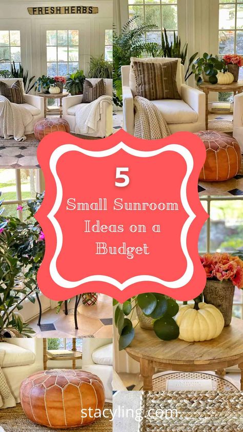 5 Small Sunroom Ideas on a Budget - Stacy Ling Sunroom Decorating Ideas Modern, Sunroom Decorating Ideas Bohemian, Small Sunroom Ideas On A Budget, Apartment Sunroom Ideas, Sunroom Decorating Ideas Indoor, Sunroom Plants Decor, Indoor Sunroom Furniture Ideas, Small Sunroom Decorating Ideas, Sunroom Ideas On A Budget