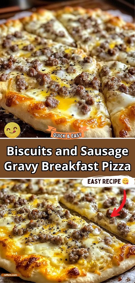 Transform your breakfast into a savory feast with our Biscuits and Sausage Gravy Breakfast Pizza. This dish layers fluffy biscuit dough with rich, creamy sausage gravy, crowned with a perfectly cooked egg and a sprinkle of cheddar cheese. It's a hearty start to the day that’s both comforting and satisfying. #BreakfastPizza #SausageGravy #HeartyBreakfast Biscuit And Gravy Pizza Bisquick Crust, Biscuits & Gravy Breakfast Pizza, Breakfast Pizza Recipe Gravy, Sausage Gravy And Biscuits Pizza, Breakfast Recipe With Sausage, Sausage Gravy Meal Ideas, Breakfast Football Food, Homemade Easy Breakfast, Sausage Gravy Bubble Up