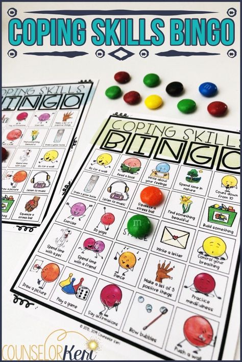 Coping Skills Game - Coping Skills BINGO: Looking for fun ways to teach kids coping skills? Your students will love these fun, hands-on coping skills games, coping skills crafts, and coping skills activities to help them deal with tough feelings. These are perfect for classroom guidance lessons, small group counseling, or individual counseling to build calming strategies. -Counselor Keri Coping Skills Bingo, Social Skills Games, Kids Coping Skills, Counseling Session, Group Therapy Activities, Counseling Games, Coping Skills Activities, School Counseling Activities, Social Skills Lessons