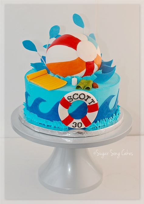 Pool Party Beach Ball Cake - 6" ball splashing into a 10" buttercream tier.  Fondant covered ball and wired splashes, fondant/gum paste pool float, drink, trunks and lotion. Pool Birthday Cakes, Pool Party Cake, Beach Ball Cake, Beach Ball Birthday, Pool Party Cakes, Pool Cake, Pool Party Themes, Splash Party, Ball Cake