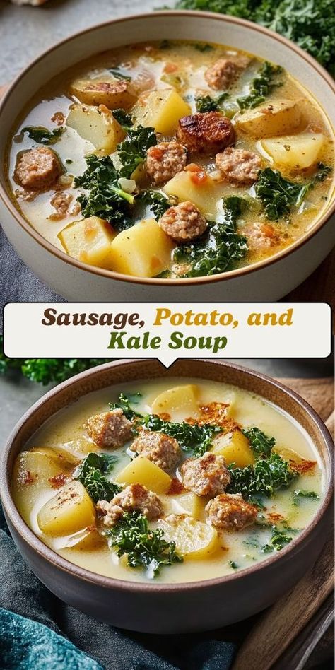 This Make-Ahead Soup is a fantastic option for busy days, and the best part? It tastes even better the next day! 🍲👌 Packed with hearty ingredients and flavorful broth, this soup is perfect for meal prep, family dinners, or a cozy lunch. Make a big batch and enjoy it all week long!  📌 Save this pin to make a comforting soup that gets even more delicious over time! #MakeAheadSoup #MealPrepIdeas #ComfortFood #EasyDinners #SoupSeason #HeartyMeals Italian Sausage And Kale Soup Recipes, Potatoe Sausage Soup Crockpot, Sweet Potato Soup Crockpot, Sausage Kale Sweet Potato, Sausage Soup Crockpot, Italian Sausage And Potato Soup, Potato Soup Crockpot, Kale Sweet Potato Soup, Sausage Potato Kale Soup