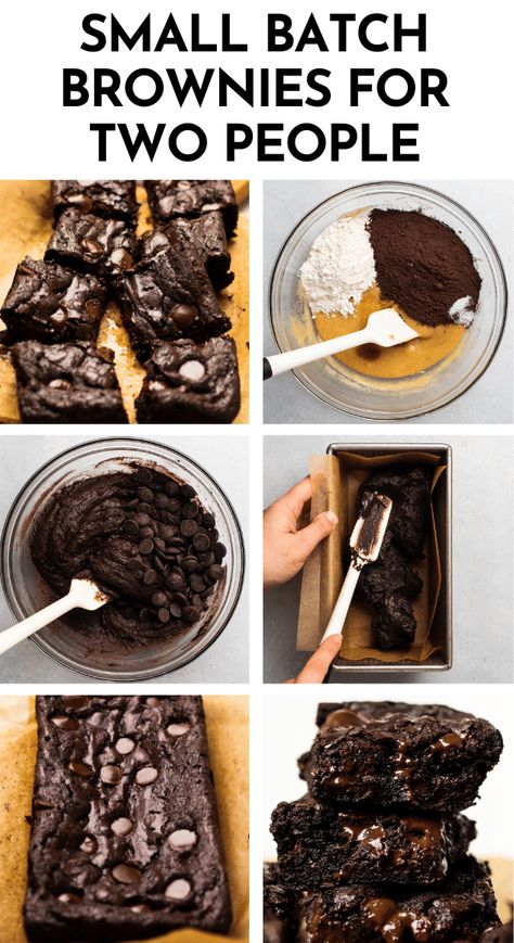 These easy small batch brownies are ready in an hour (plus some cooling time) and perfect for just a few people! With crispy edges and a rich, fudgy texture. A great dessert for two to four. Mix up a quick batter with white and brown sugar, flour, cocoa, and some other pantry staples (plus an egg!) then transfer the batter to a metal bread tin and top with a handful of chocolate chips and bake. Add chopped walnuts, almonds, or white chocolate chips, or top with peanut butter or fudge frosting. Small Batch Brownies, Small Batch Baking, Bread Tin, Measuring Ingredients, Fudge Frosting, Ceramic Baking Dish, Dessert For Two, Best Soup Recipes, Cooking Tutorials