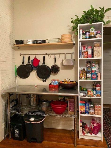 Small Space Living | Create your pantry out of a bookcase in empty vertical space. | Facebook Diy Pantry Apartment, Small Kitchen No Pantry Ideas, Vertical Space Ideas, No Pantry Solutions Kitchens, Vertical Organization, Open Pantry Ideas, Small House Storage, No Pantry Solutions, Open Pantry