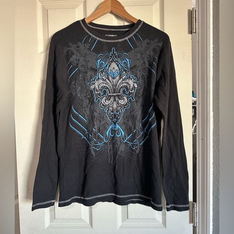 No Boundaries Men's Black and Blue Long Sleeved Shirt Y2K Thermal Size Large No Boundaries Clothing, Shirt Y2k, Thermal Shirt, Long Sleeved Shirt, Edgy Style, No Boundaries, Edgy Fashion, Alternative Fashion, Boundaries