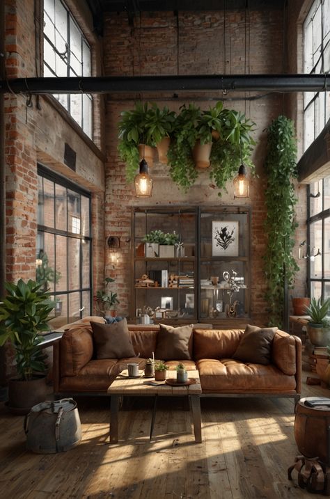 Urban Natural Interior, Cozy Industrial Apartment, Industrial Biophilic Design, Mill Apartment Decor, Industrial Sunroom, Warehouse Workspace, Cottage Interiors Modern, Urban Industrial Living Room, Cozy Industrial Decor