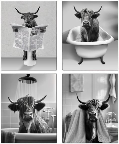 PRICES MAY VARY. 1.【NO FRAME】: Bathroom highland cow canvas posters wall art prints - No frames inlcuded - 4 piece 8x10 inch (20x25 cm). 2. 【PERFECT GIFT IDEA】: Our prints are beautifully packaged in a craft paper envelope ready for gifting, so they can be delivered directly to your loved ones, perfect for any birthday, Mothers Day, Fathers Day, Christmas, Easter, Independence Day, Halloween,office/housewarming gift. 3. 【ABOUT THE MATERIAL】: About our prints are 100% high quality canvas printing Highland Cow Bathroom, Cow Bathroom, Rustic Farmhouse Bathroom Decor, Funny Highland Cow, Bathroom Wall Decor Art, Highland Cow Canvas, Cow Wall Art, Cow Pictures, Restroom Decor